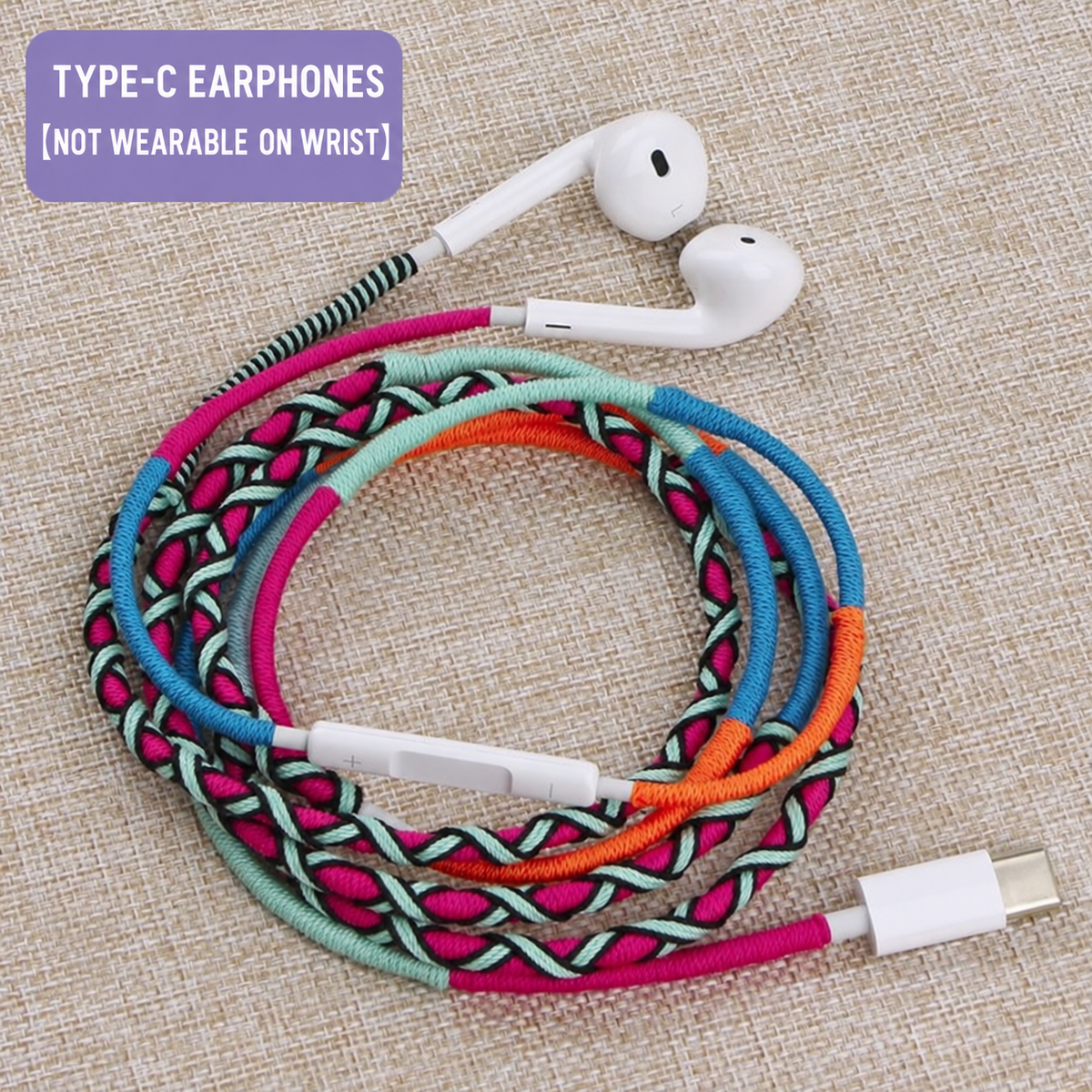 Colorful Braided Type-C Wired Earphones with Inline Controls & Bracelet-Style Cable