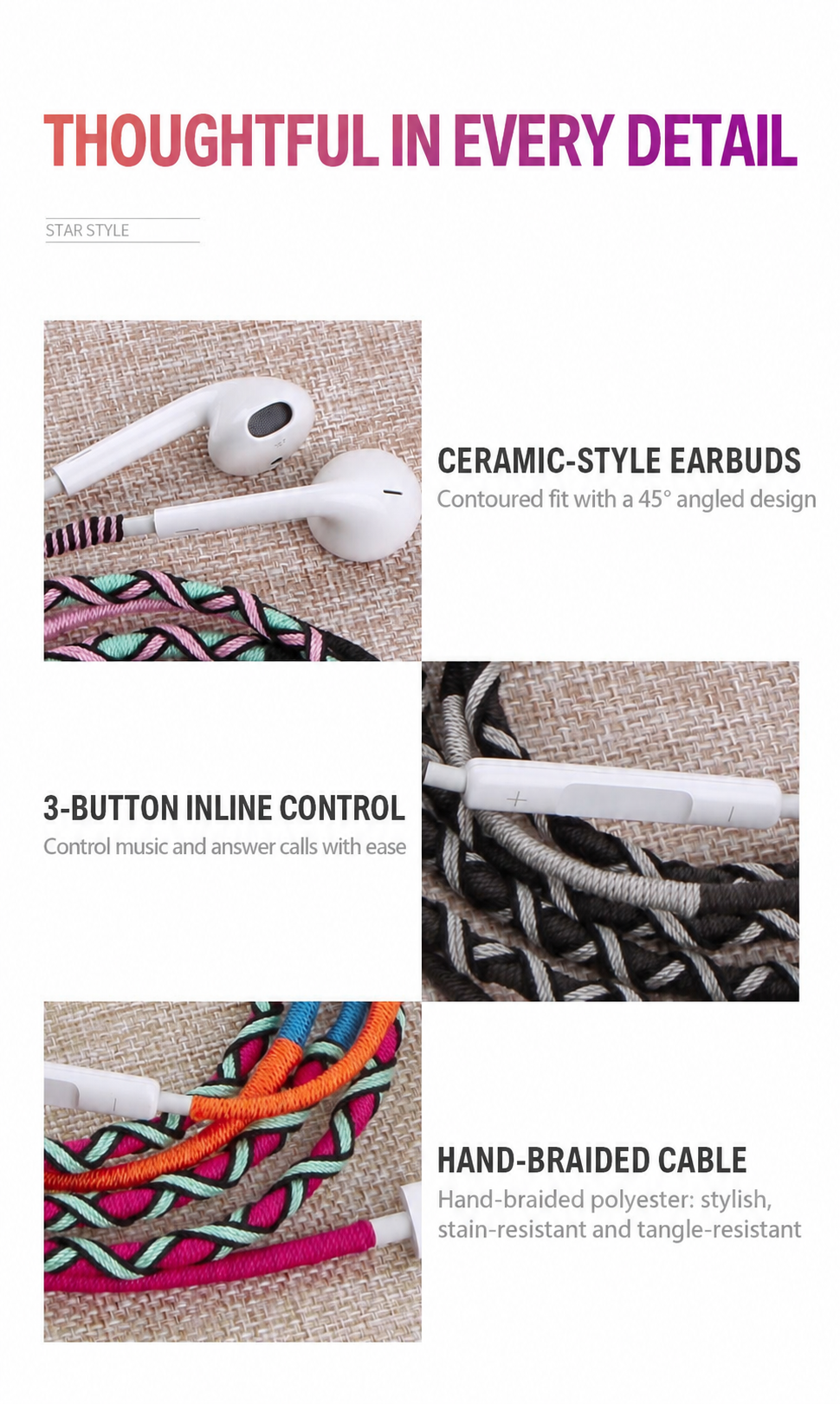 Colorful Braided Type-C Wired Earphones with Inline Controls & Bracelet-Style Cable