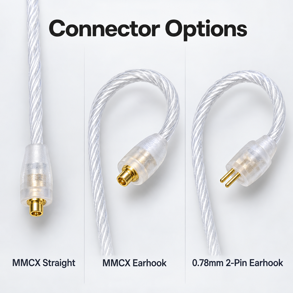 MMCX straight MMCX earhook and 0.78mm 2-pin earhook connector options