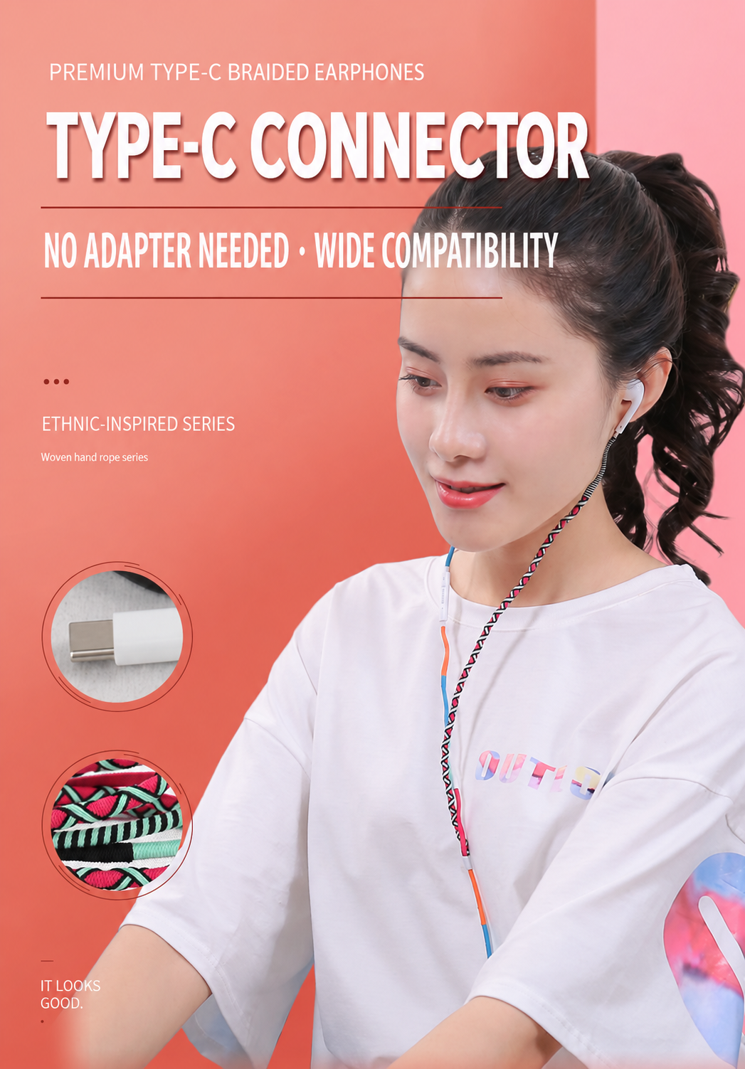 Colorful Braided Type-C Wired Earphones with Inline Controls & Bracelet-Style Cable