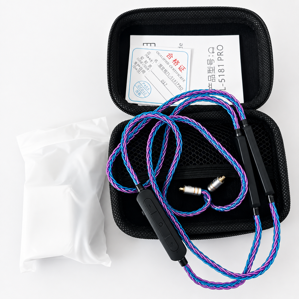 Dual-battery Bluetooth IEM cable with included storage bag