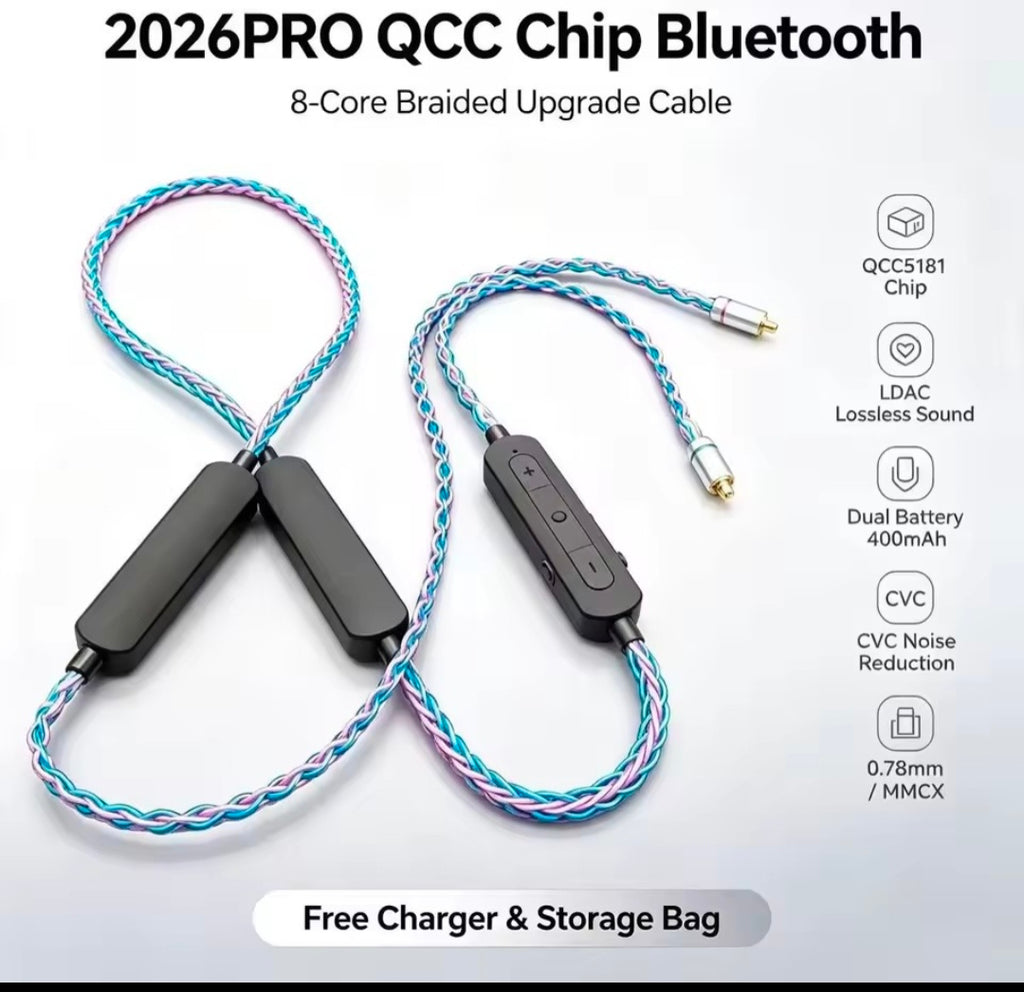 Dual-battery QCC5181 Bluetooth IEM cable, 400mAh
