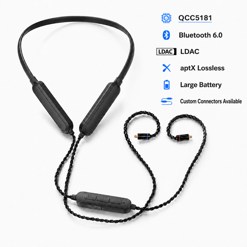 QCC5181 Bluetooth 6.0 IEM upgrade cable with LDAC, aptX Lossless, large battery and custom connector options