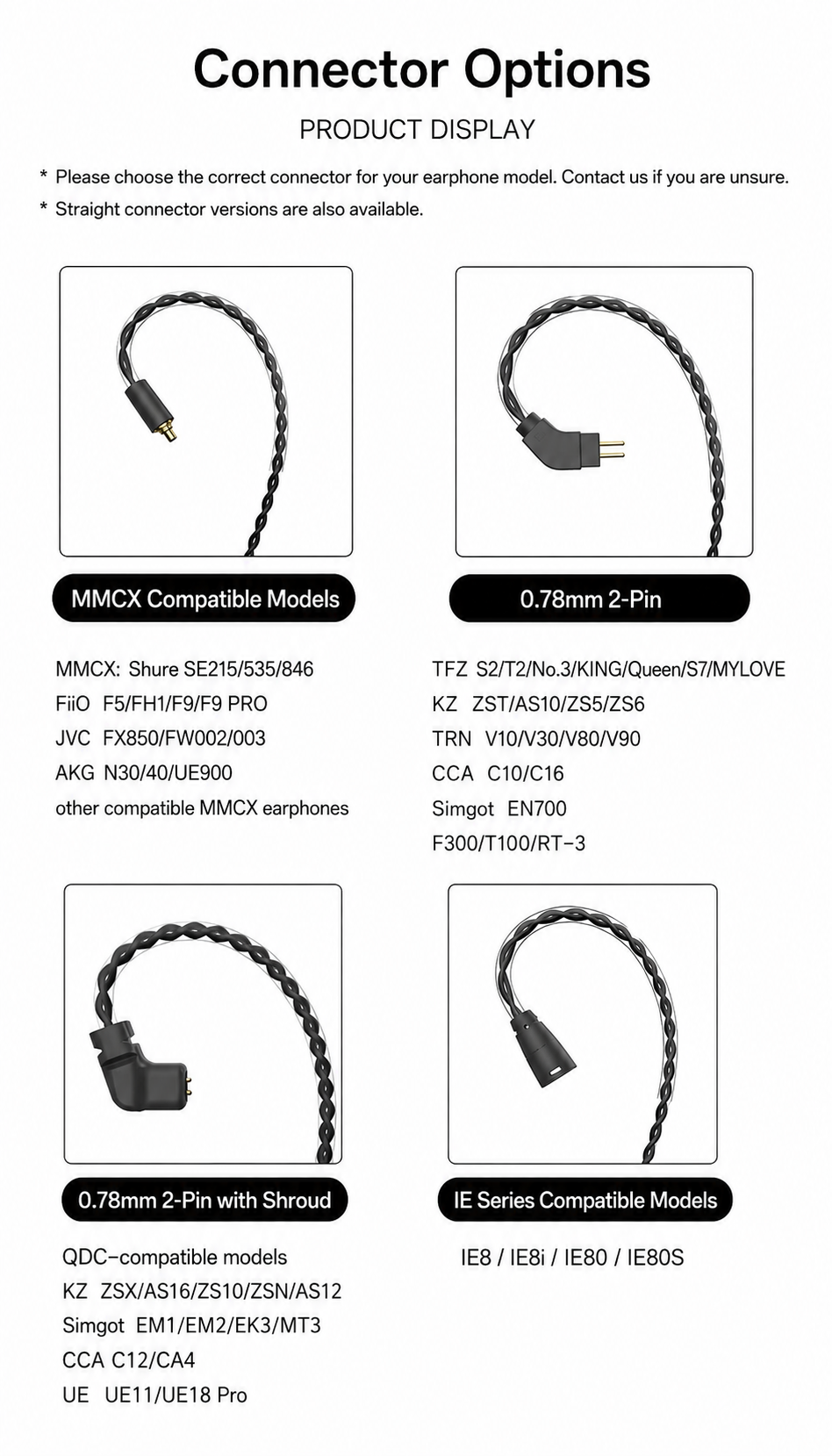 MMCX 0.78mm QDC and IE connector options