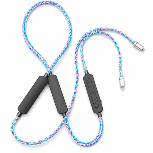 Dual-battery QCC5181 Bluetooth IEM cable on white background