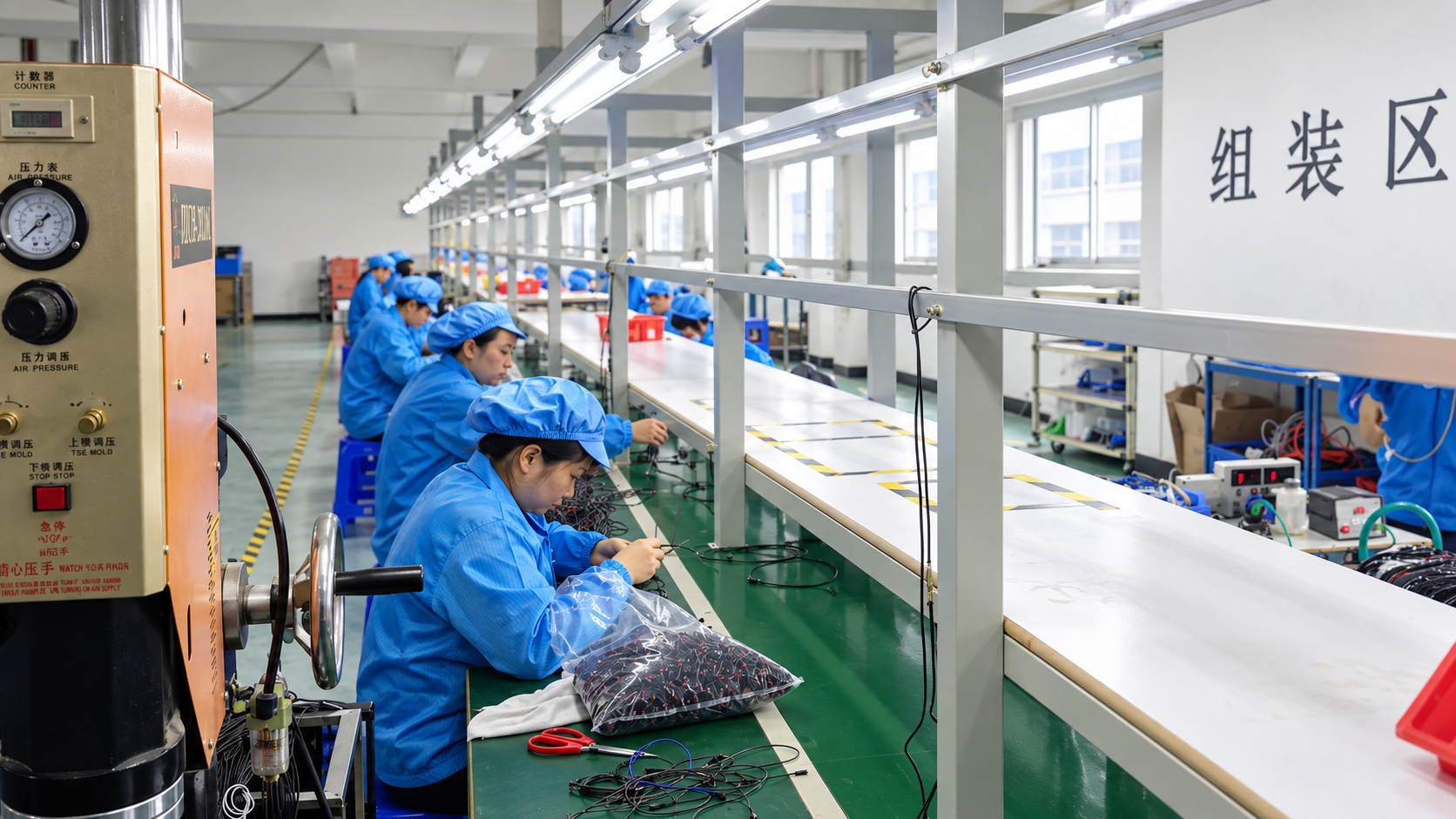 Ruilin factory workers assembling electronic cable products on the production line