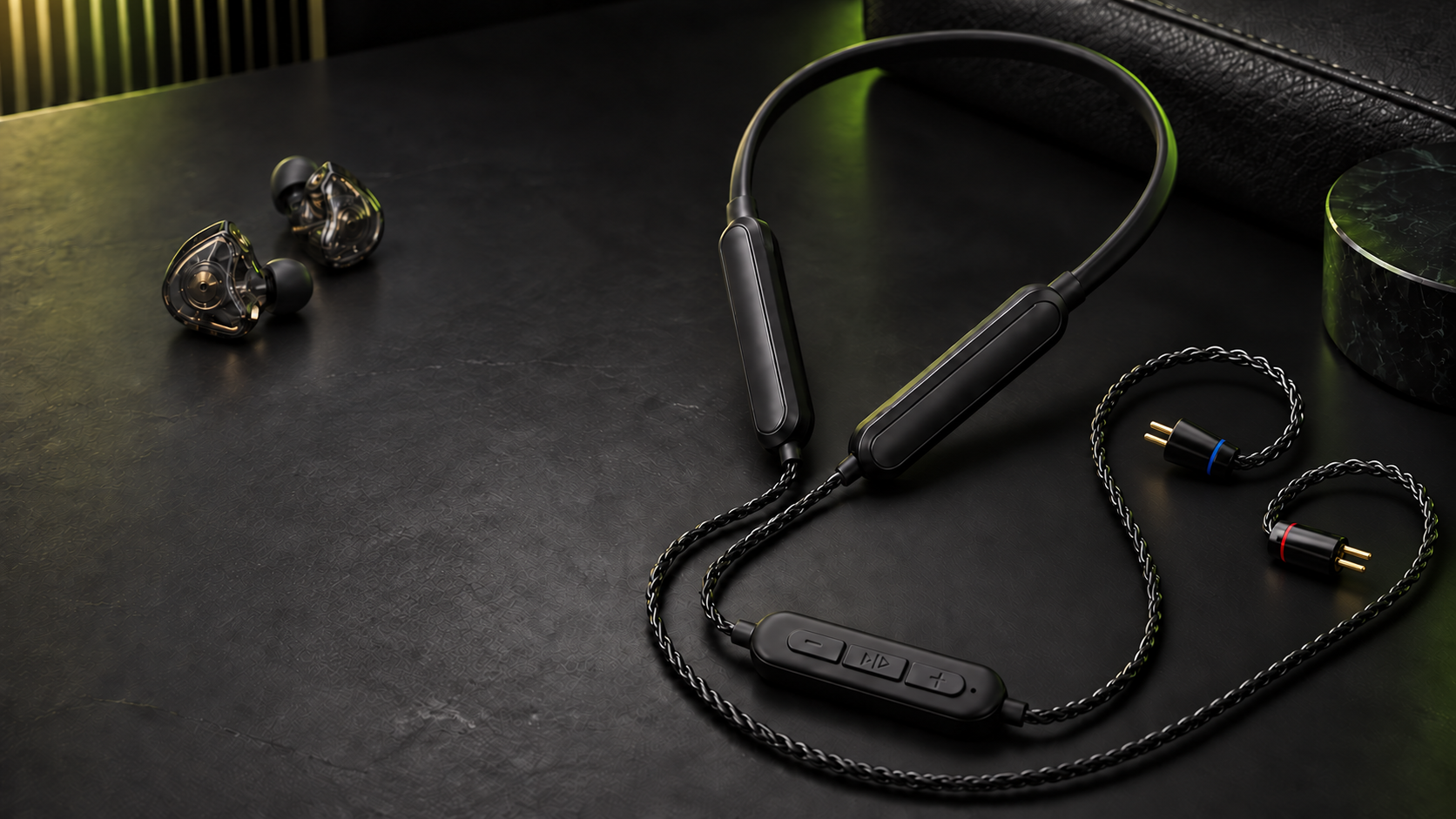 QCC5181 Bluetooth IEM upgrade cable on a dark premium audio surface